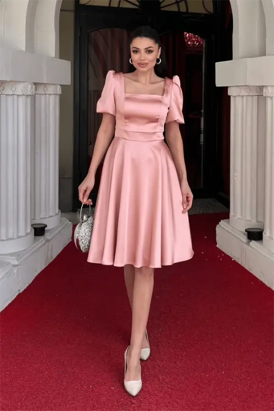 Satin Fabric Balloon Sleeve Mini Dress - POWDER - BÜYÜKBEDENIZ