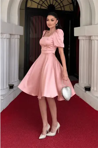 Satin Fabric Balloon Sleeve Mini Dress - POWDER - 2