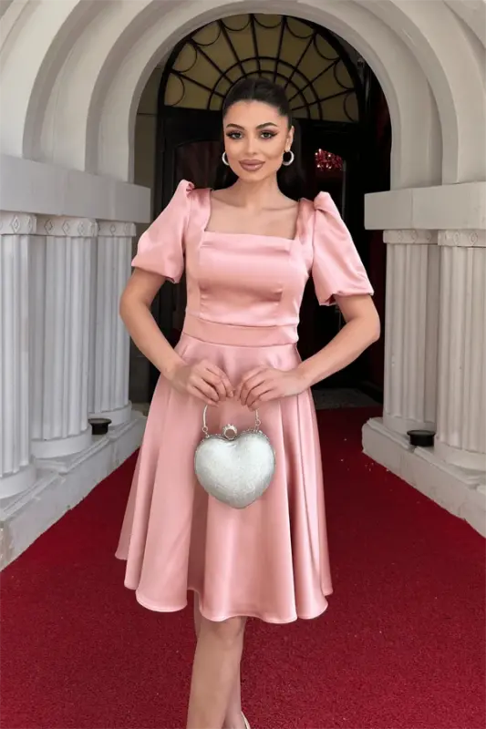 Satin Fabric Balloon Sleeve Mini Dress - POWDER - 3