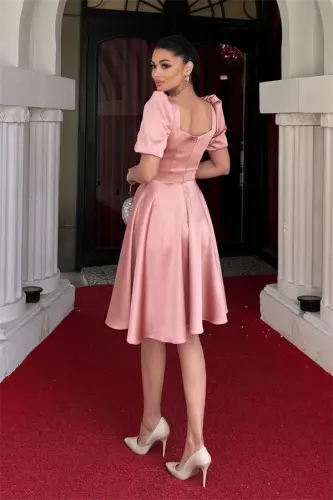 Satin Fabric Balloon Sleeve Mini Dress - POWDER - 5