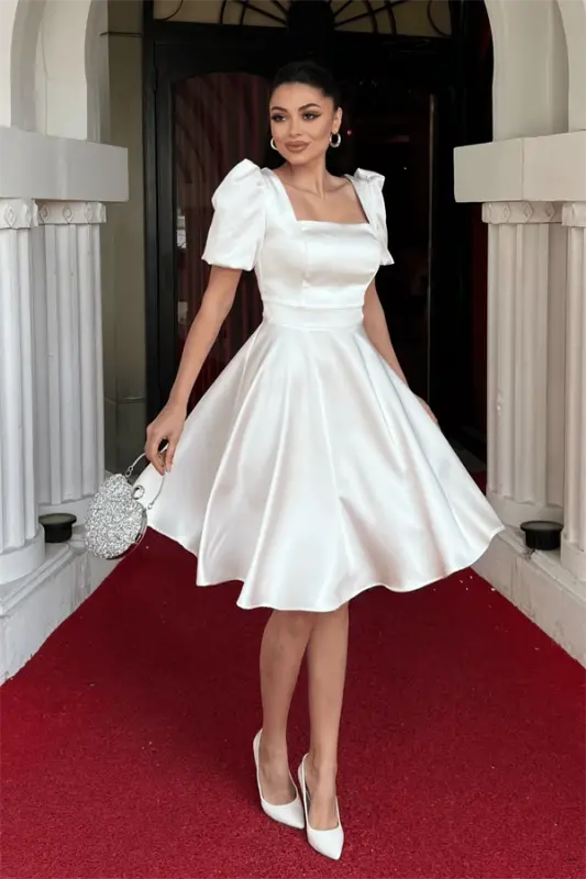 Satin Fabric Balloon Sleeve Mini Dress - WHITE - 2
