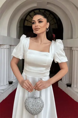 Satin Fabric Balloon Sleeve Mini Dress - WHITE - 3