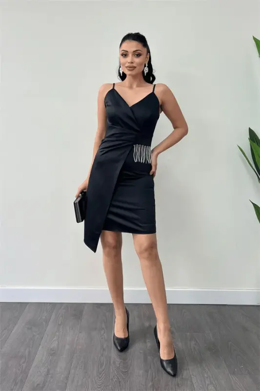 Satin Fabric Beaded Dress - BLACK - BÜYÜKBEDENIZ