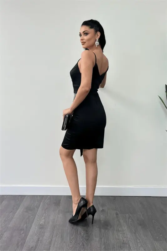 Satin Fabric Beaded Dress - BLACK - 5