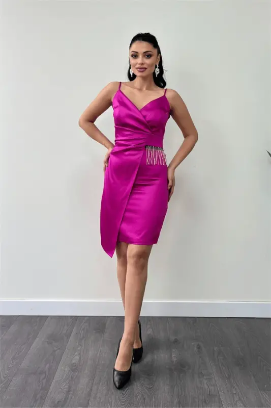 Satin Fabric Beaded Dress - FUCHSIA - 2
