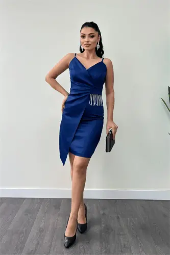 Satin Fabric Beaded Dress - NAVY BLUE - 1