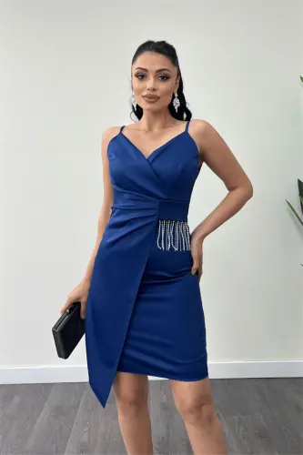 Satin Fabric Beaded Dress - NAVY BLUE - 3