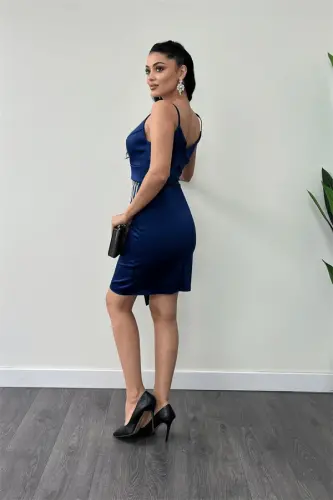 Satin Fabric Beaded Dress - NAVY BLUE - 5