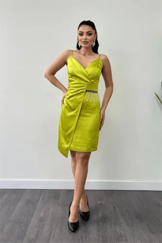 Satin Fabric Beaded Dress - Pistachio Green - 1