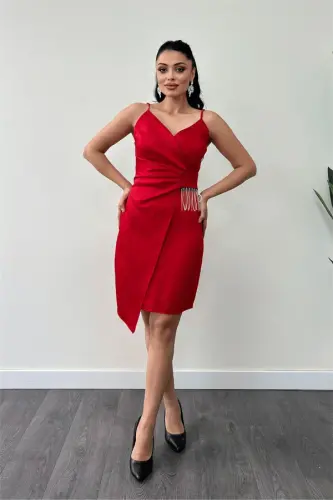 Satin Fabric Beaded Dress - RED - 1