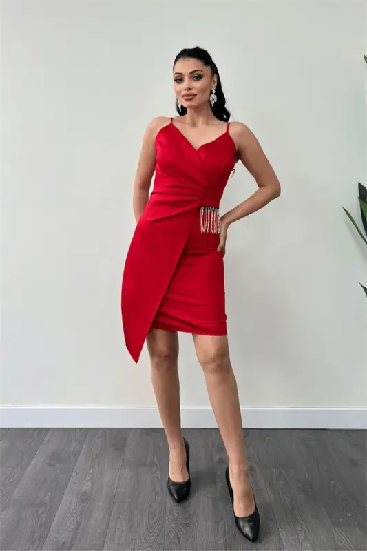 Satin Fabric Beaded Dress - RED - 2