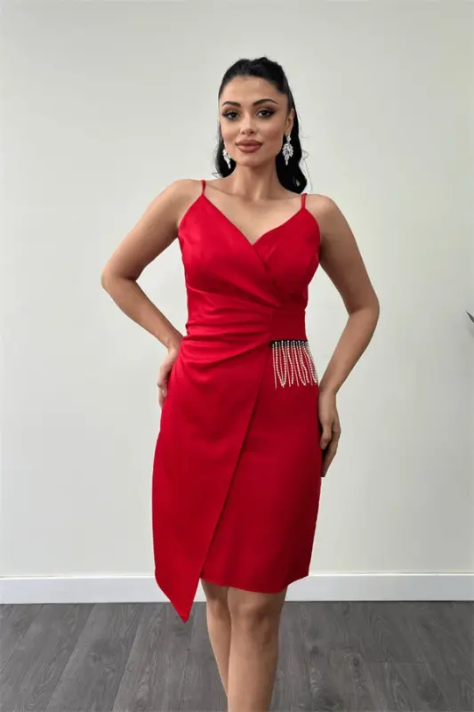 Satin Fabric Beaded Dress - RED - 3