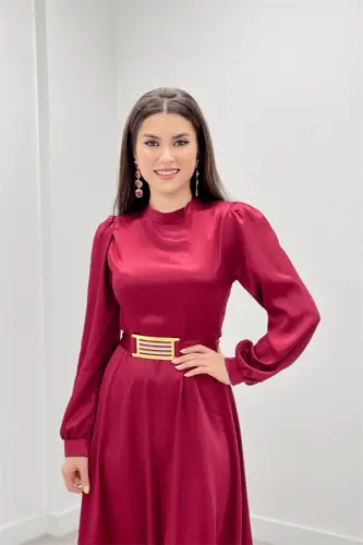 Satin Fabric Belt Detailed Evening Dress - BURGUNDY - 3