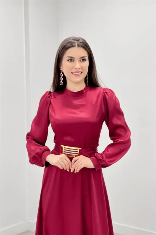 Satin Fabric Belt Detailed Evening Dress - BURGUNDY - 4