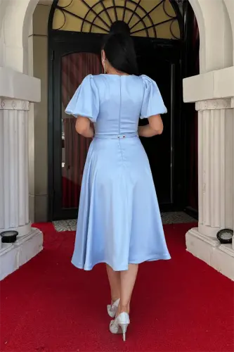 Satin Fabric Belt Detailed Midi Dress - BABY BLUE - 7