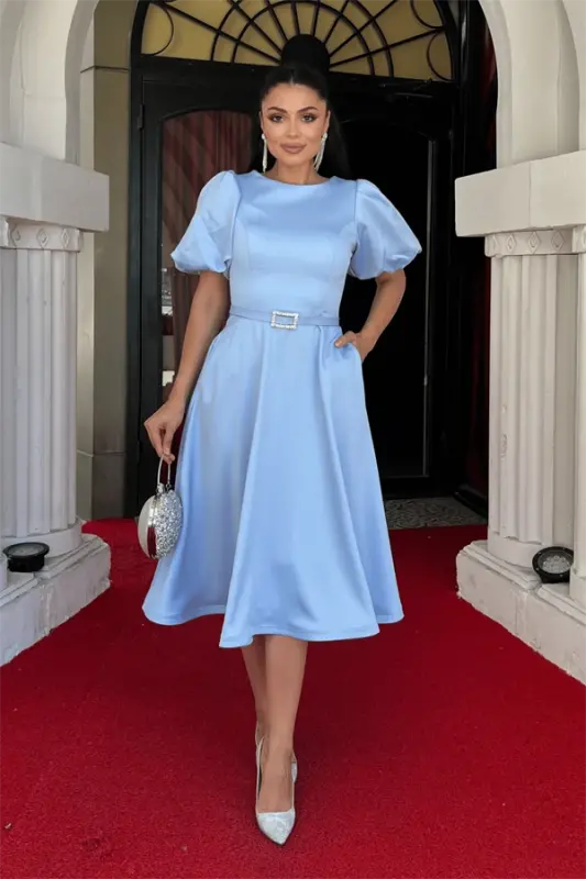 Satin Fabric Belt Detailed Midi Dress - BABY BLUE - BÜYÜKBEDENIZ