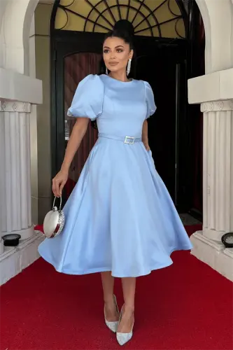 Satin Fabric Belt Detailed Midi Dress - BABY BLUE - BÜYÜKBEDENIZ (1)