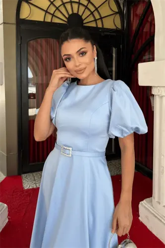 Satin Fabric Belt Detailed Midi Dress - BABY BLUE - 4