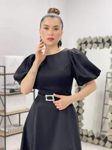 Satin Fabric Belt Detailed Midi Dress - BLACK - 4