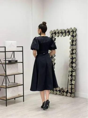 Satin Fabric Belt Detailed Midi Dress - BLACK - 5