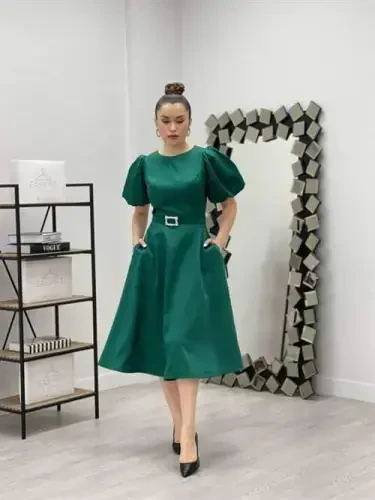 Satin Fabric Belt Detailed Midi Dress - EMERALD GREEN - 1