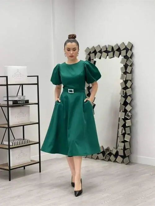 Satin Fabric Belt Detailed Midi Dress - EMERALD GREEN - BÜYÜKBEDENIZ