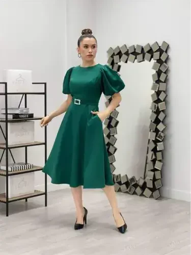 Satin Fabric Belt Detailed Midi Dress - EMERALD GREEN - 2