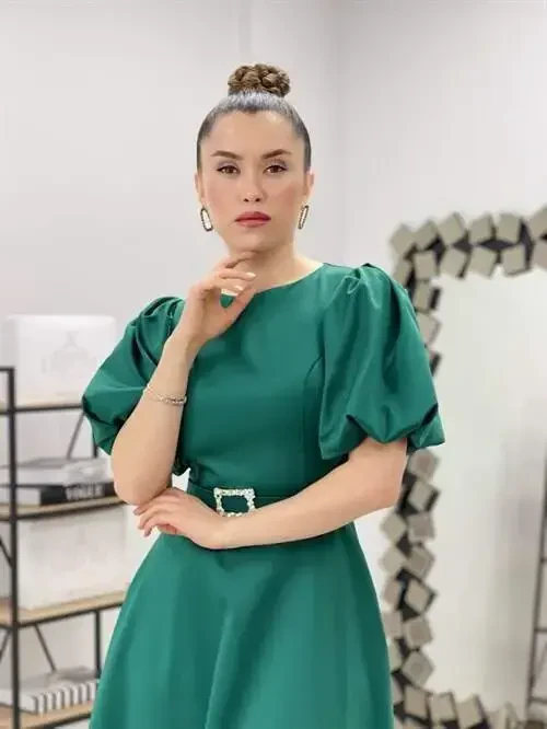 Satin Fabric Belt Detailed Midi Dress - EMERALD GREEN - 3