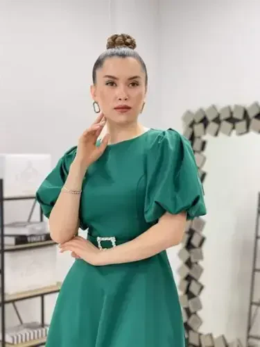 Satin Fabric Belt Detailed Midi Dress - EMERALD GREEN - 4