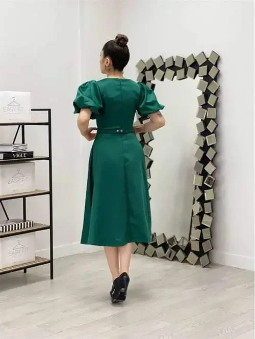 Satin Fabric Belt Detailed Midi Dress - EMERALD GREEN - 5
