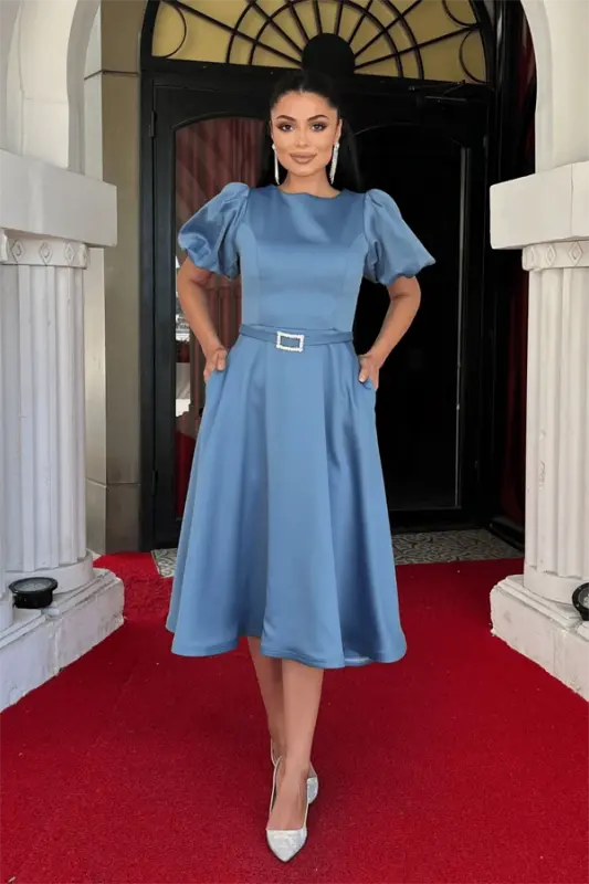 Satin Fabric Belt Detailed Midi Dress - INDIGO BLUE - 1