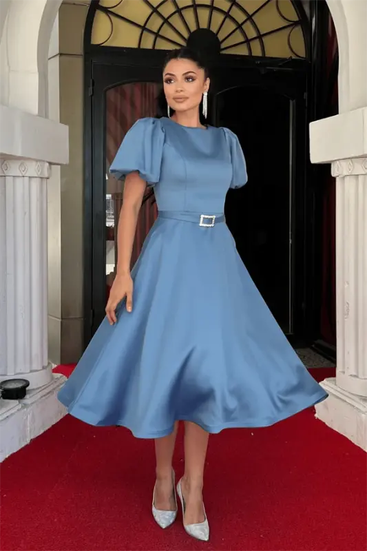 Satin Fabric Belt Detailed Midi Dress - INDIGO BLUE - 2