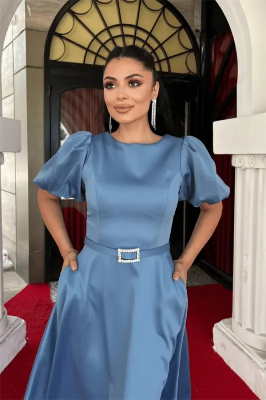 Satin Fabric Belt Detailed Midi Dress - INDIGO BLUE - 3