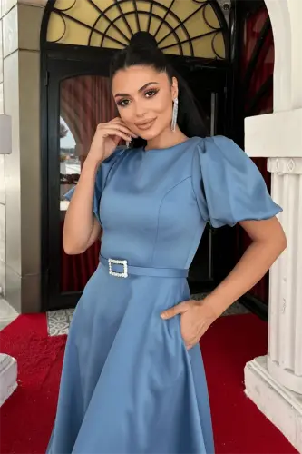 Satin Fabric Belt Detailed Midi Dress - INDIGO BLUE - 4