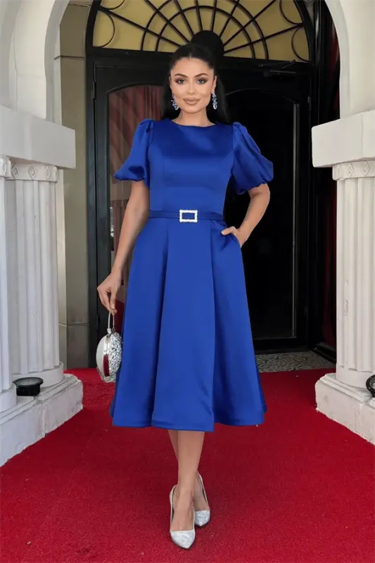 Satin Fabric Belt Detailed Midi Dress - SAXE BLUE - BÜYÜKBEDENIZ