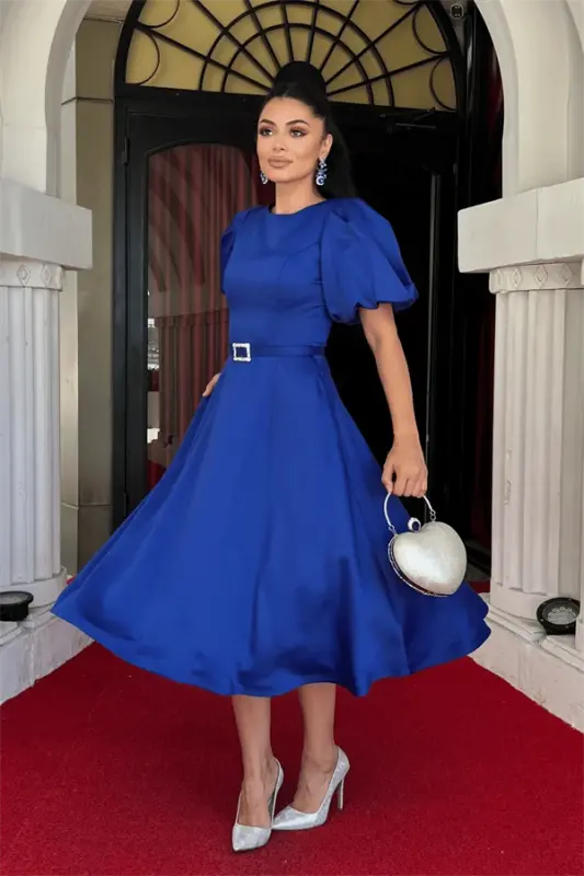 Satin Fabric Belt Detailed Midi Dress - SAXE BLUE - 2