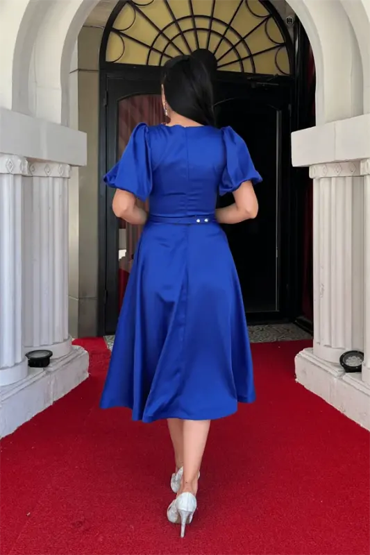 Satin Fabric Belt Detailed Midi Dress - SAXE BLUE - 5