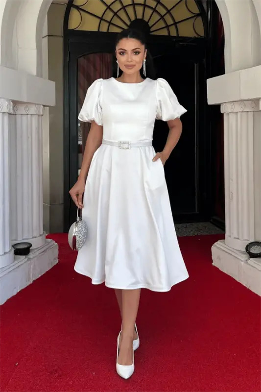 Satin Fabric Belt Detailed Midi Dress - WHITE - BÜYÜKBEDENIZ