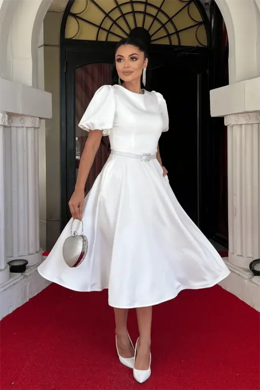 Satin Fabric Belt Detailed Midi Dress - WHITE - 2