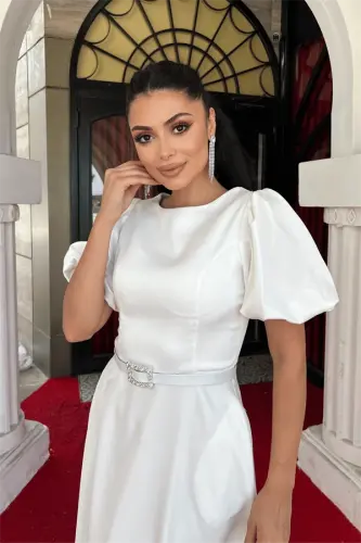 Satin Fabric Belt Detailed Midi Dress - WHITE - 3