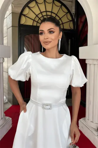 Satin Fabric Belt Detailed Midi Dress - WHITE - 4