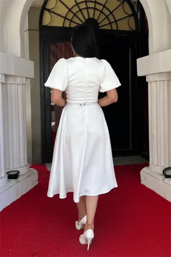 Satin Fabric Belt Detailed Midi Dress - WHITE - 5