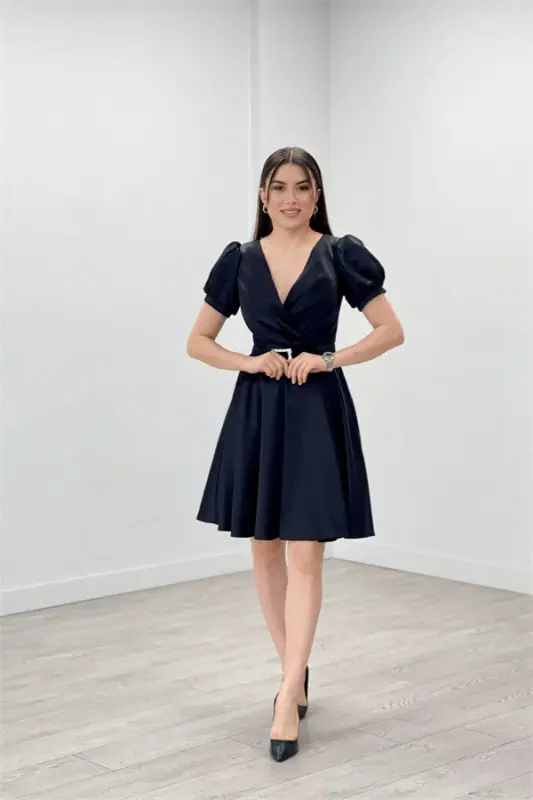 Satin Fabric Belt Detailed Midi Evening Dress - BLACK - BÜYÜKBEDENIZ