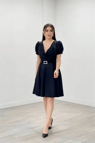 Satin Fabric Belt Detailed Midi Evening Dress - BLACK - BÜYÜKBEDENIZ (1)