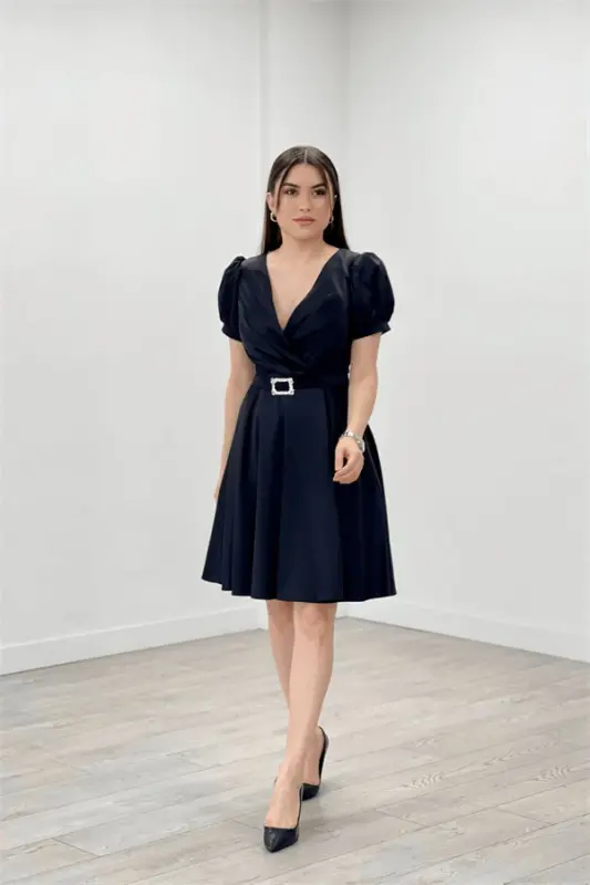 Satin Fabric Belt Detailed Midi Evening Dress - BLACK - 2