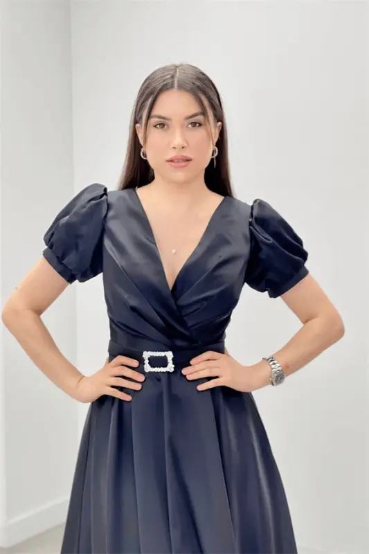 Satin Fabric Belt Detailed Midi Evening Dress - BLACK - 3