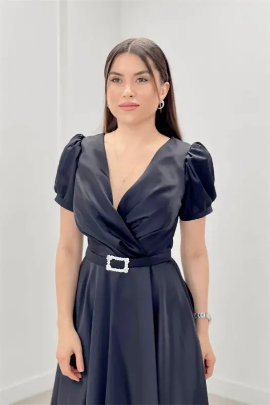 Satin Fabric Belt Detailed Midi Evening Dress - BLACK - 4