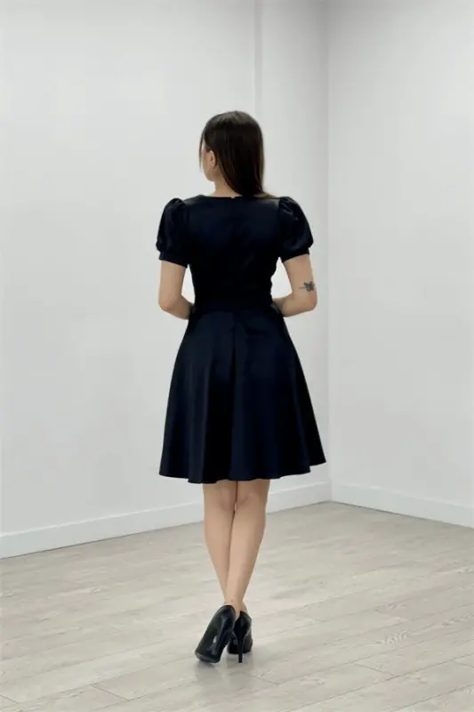 Satin Fabric Belt Detailed Midi Evening Dress - BLACK - 5