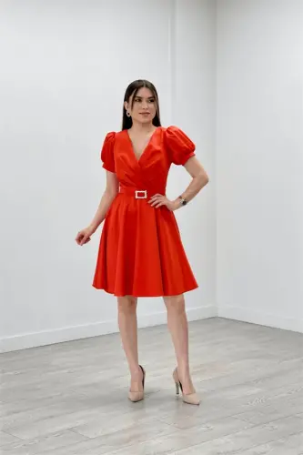 Satin Fabric Belt Detailed Midi Evening Dress - ORANGE - 6