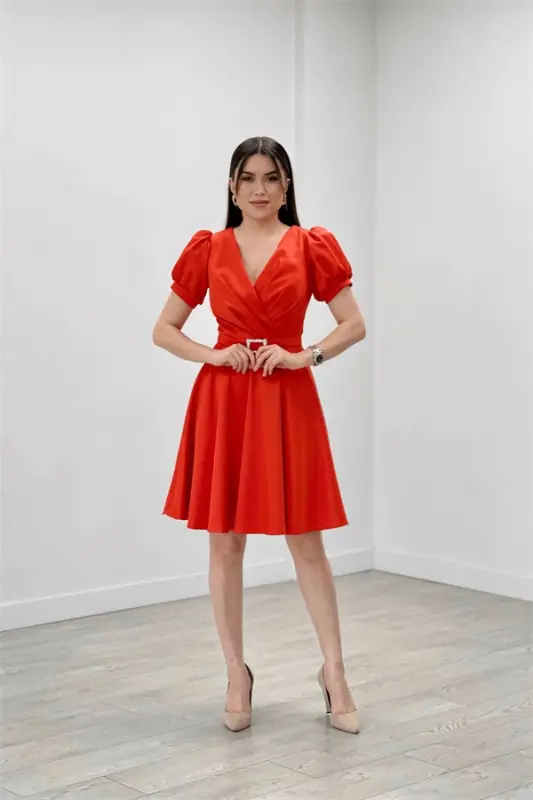 Satin Fabric Belt Detailed Midi Evening Dress - ORANGE - BÜYÜKBEDENIZ